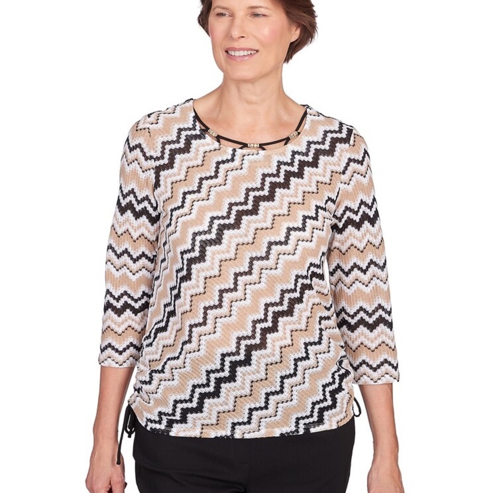 Alfred Dunner Neutral Territory Diagonal Drawstring 3/4 Sleeve Top Petite Large